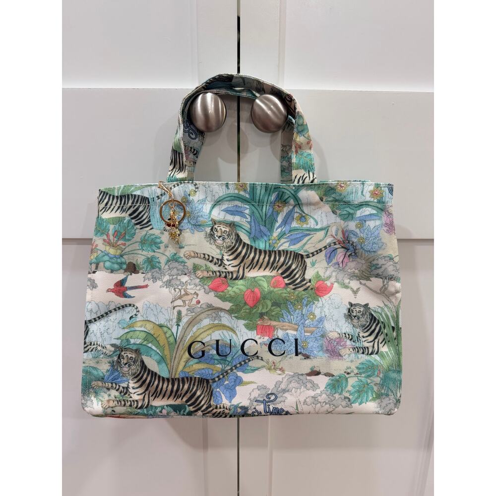 Gucci Green Floral Tiger Print Duffel Tote